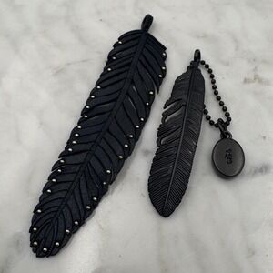Coach Black Feather Bag Charms Set‎ of 2 Keychain Oval Logo Tag Leather Metal